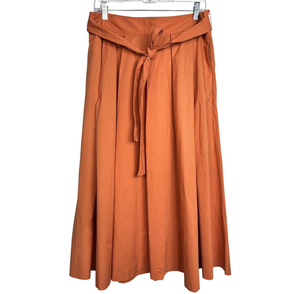 Ann Taylor Belted Pleated A Line Midi Skirt 10 Orange Terracotta Boho Earthy NWT